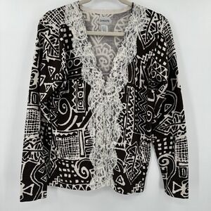 Chico's Brown Tribal Lace Beaded Silk Blend Sweater Size 2 Large‎